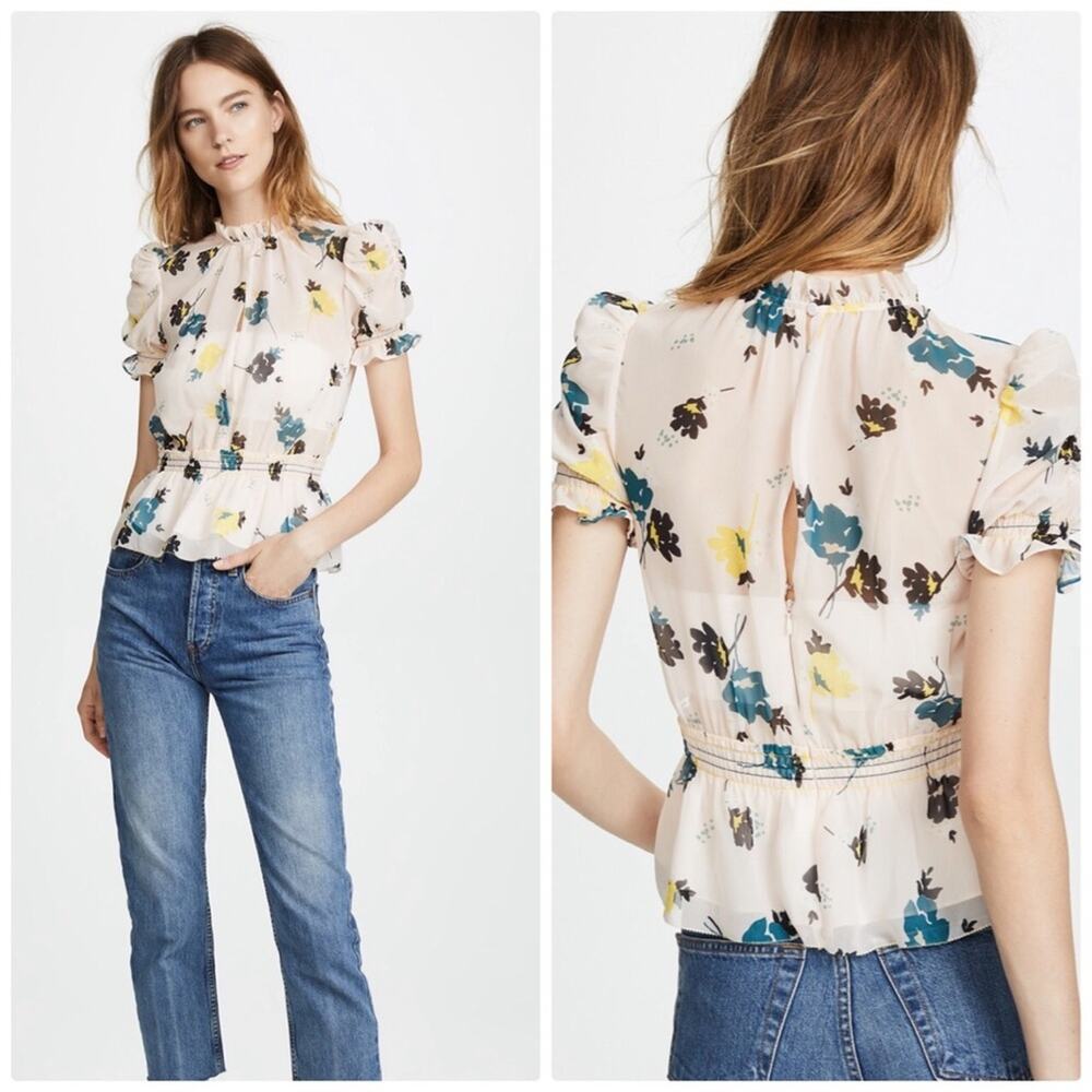 Self Portrait Women's Floral Print Chiffon Peplum High Neck Blouse 8 NEW